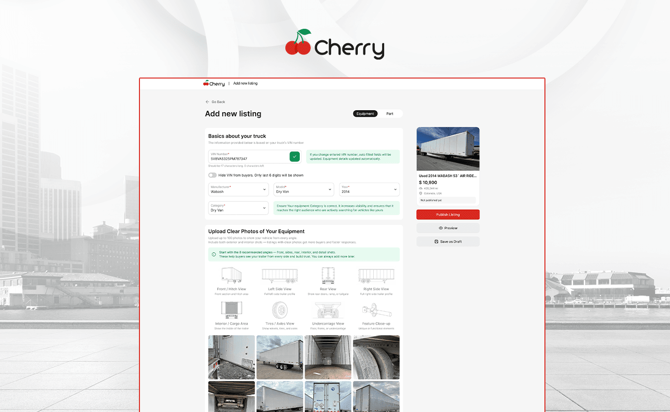 Screenshot of Cherry’s manual truck listing form with fields for entering vehicle details like make, model, year, and price.