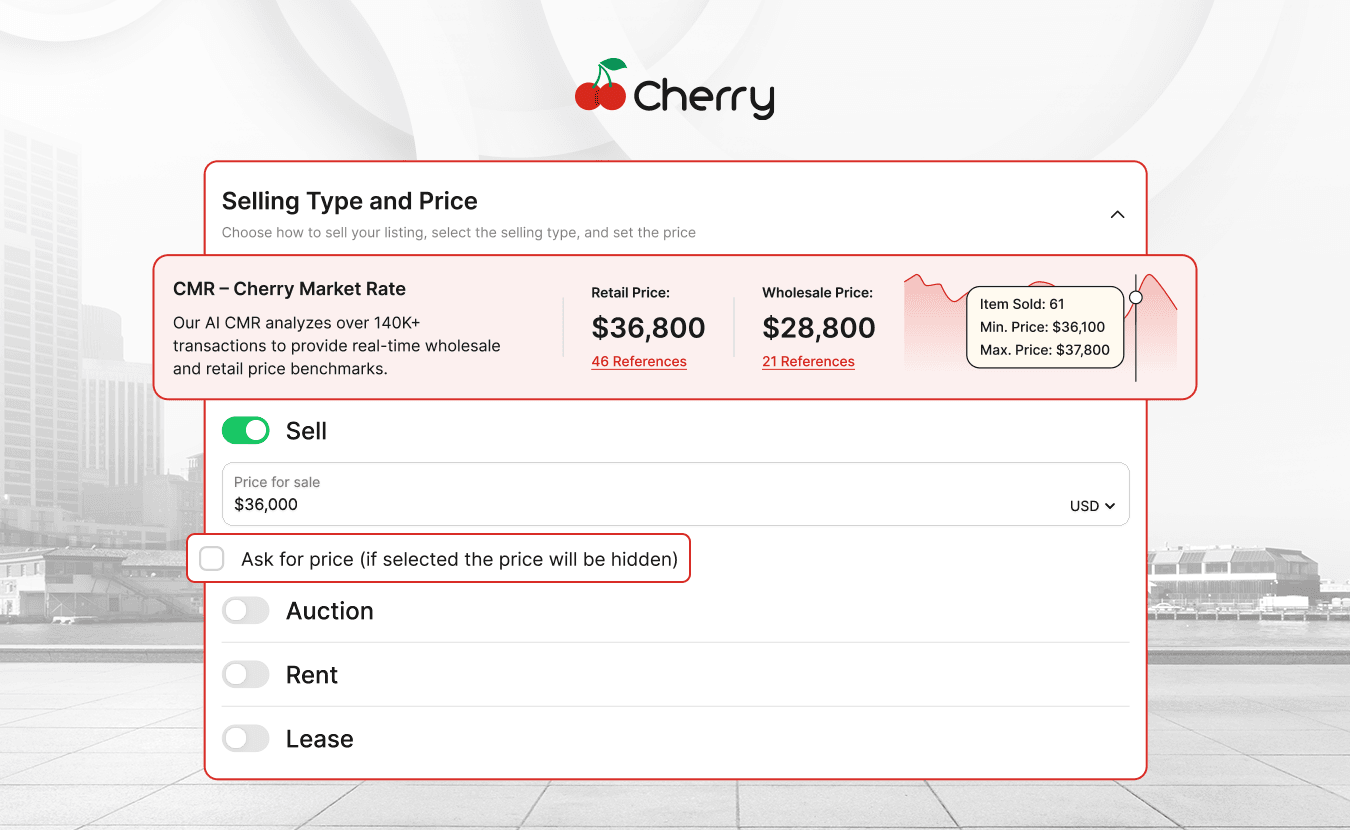 Add a price, select selling type, choose 'Ask for Price' instead of listing a price, and use the Cherry Market Rate price estimator.
