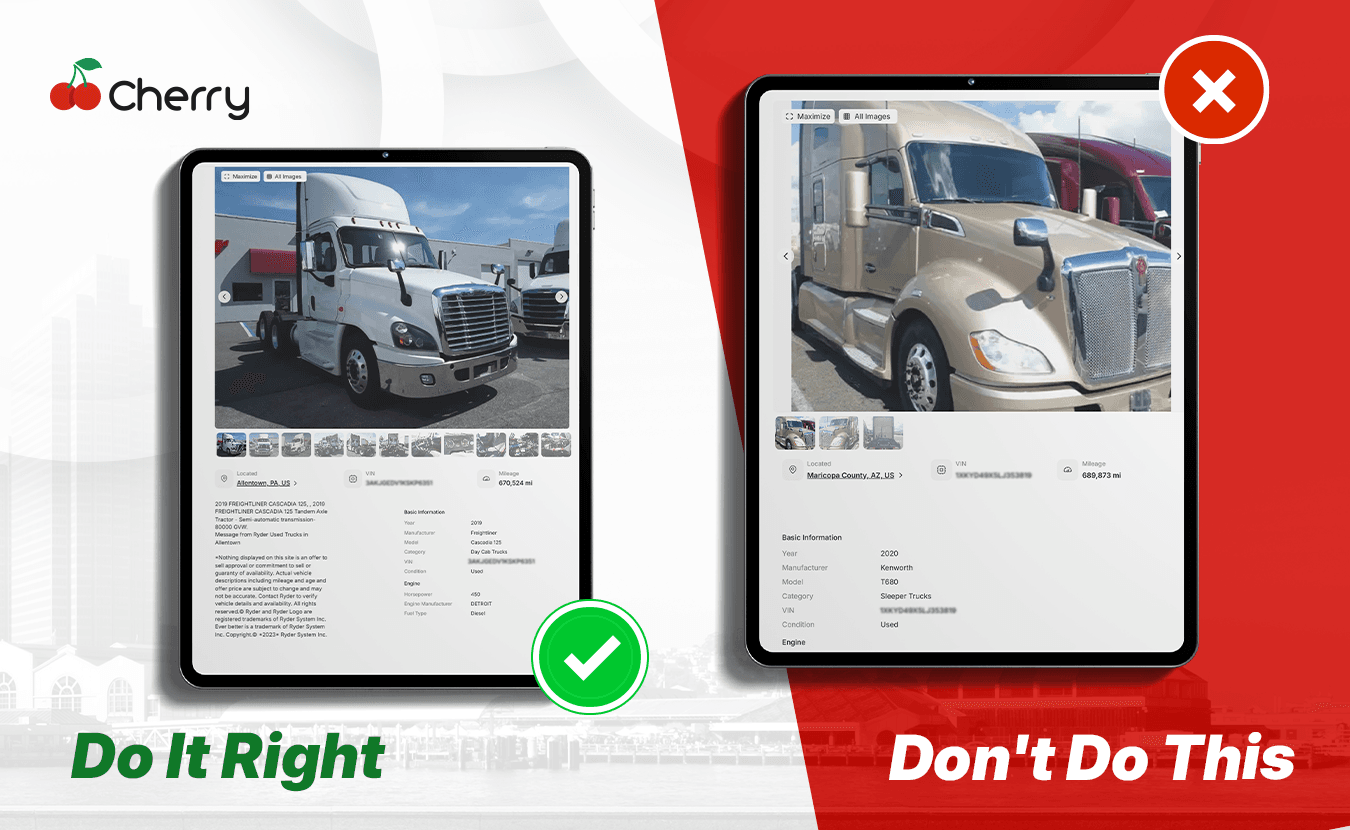 Side-by-side truck listing comparison showing common mistakes: blurry photo, missing details, overpriced truck vs. good listing with clear image, complete information, and fair price.