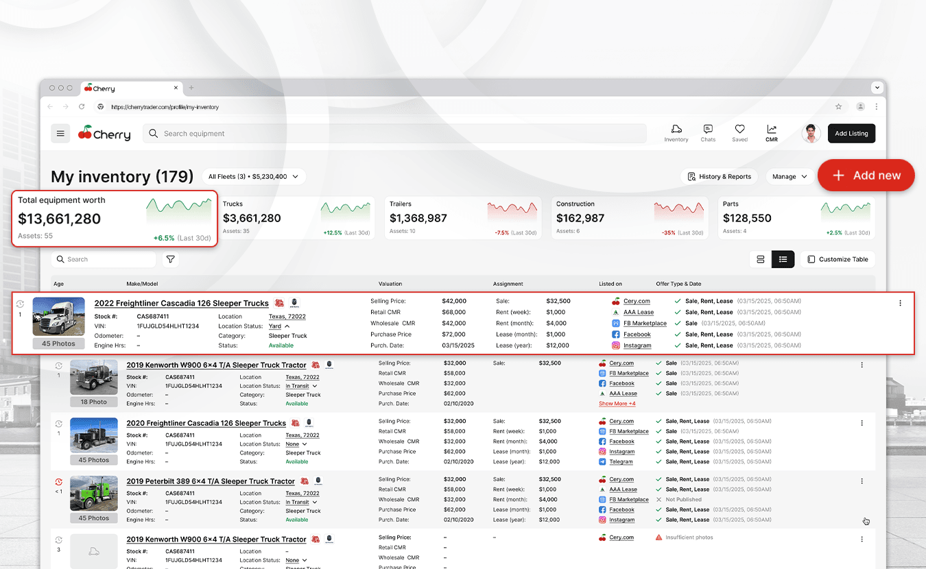 Screenshot of the ‘My Inventory’ dashboard on Cherry, showing a digital garage with listed trucks, values, and management tools.