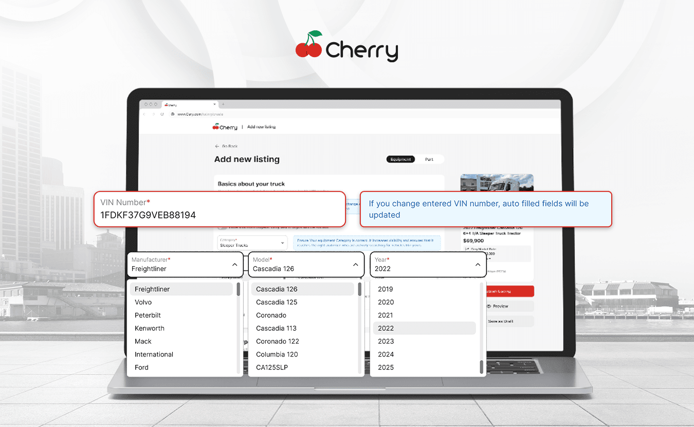 Screenshot of www.cherrytrader.com truck listing form showing autofill of model, manufacturer, and year fields after entering the VIN.