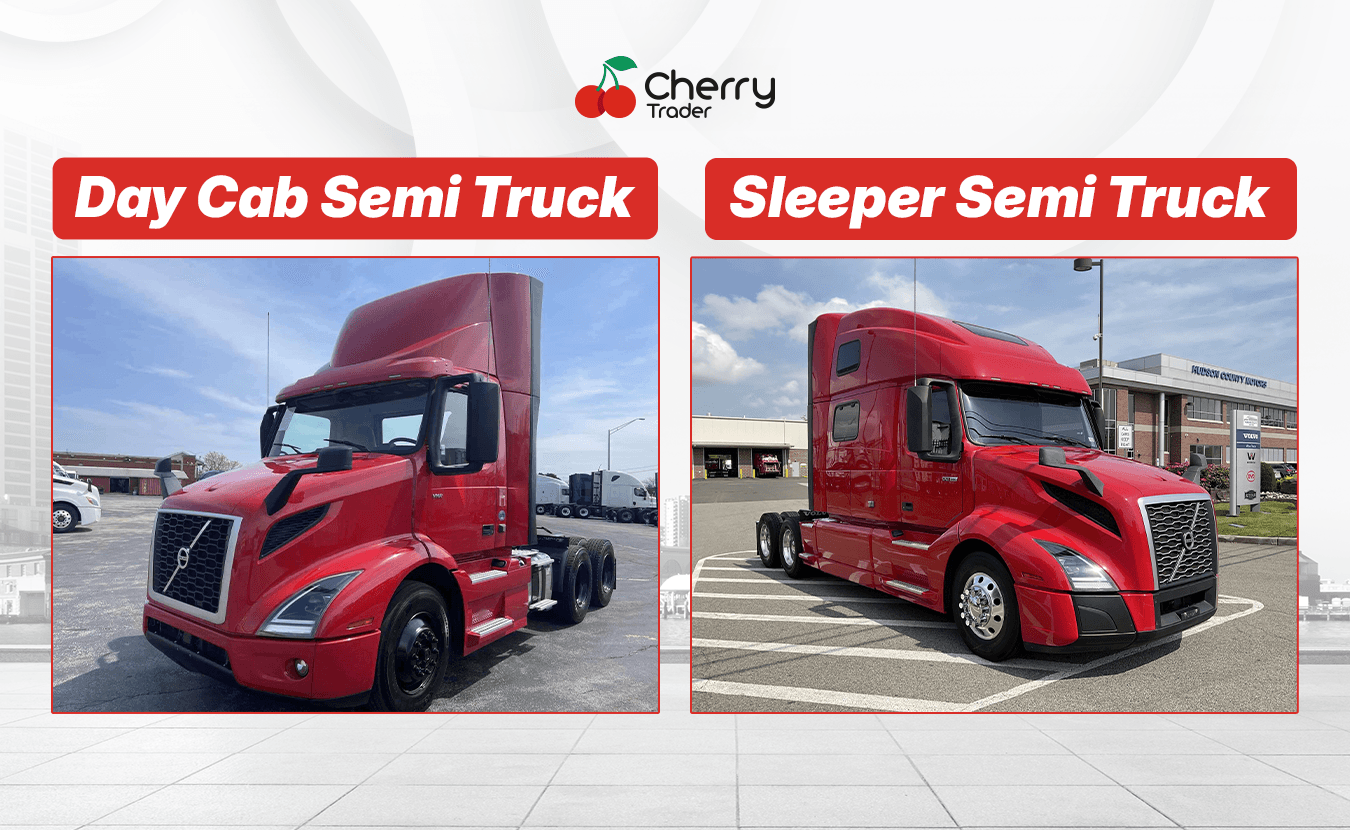 Day cab semi truck on the left and sleeper semi truck on the right