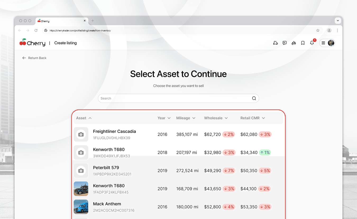 A screenshot of the Cherry platform showing the ‘Create a listing from your inventory’ page, where users can list trucks for sale directly from their inventory, with vehicle details like year, mileage, and market values.